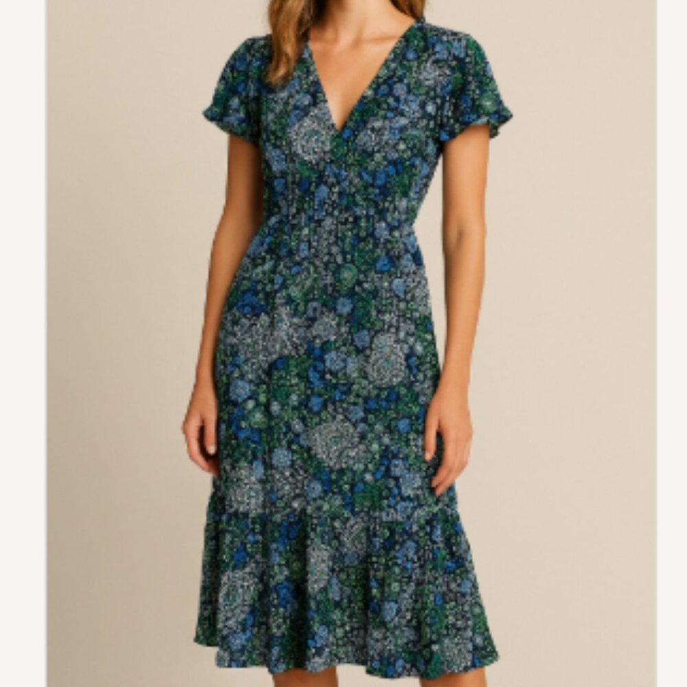 Michael Kors BOHO Tiered Ruffle V-Neck Blue‑Green Floral Paisley Dress - SMALL